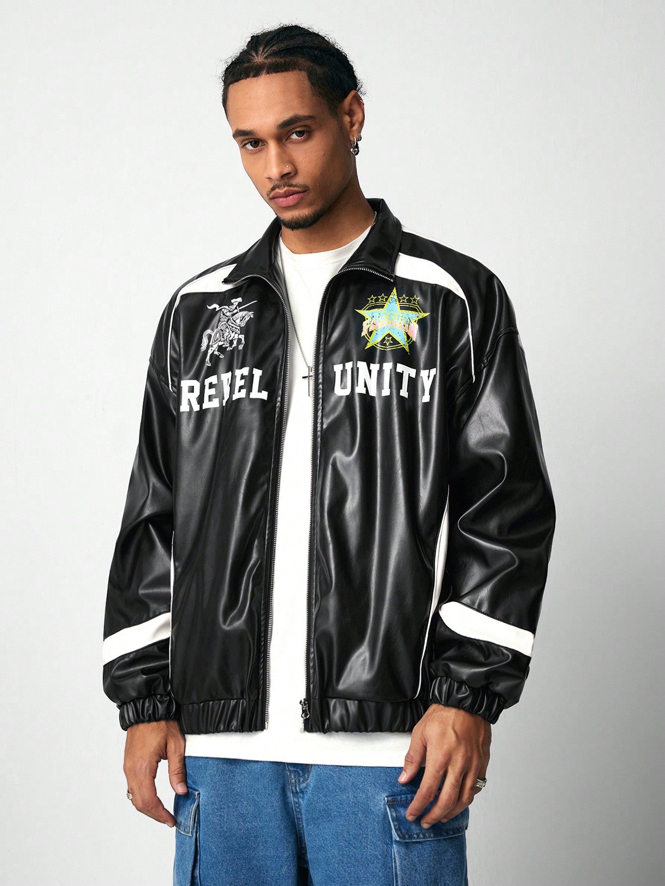 ROMWE MEN Street Life Men's Letter Graphic Long Sleeve PU Leather Jacket (Padded Lining)