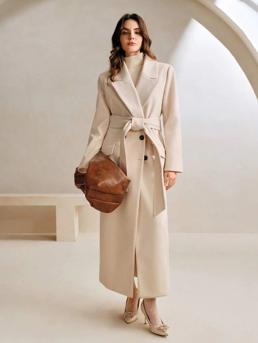 Anewsta Women's Khaki Long Belted Overcoat With Lapel Collar
