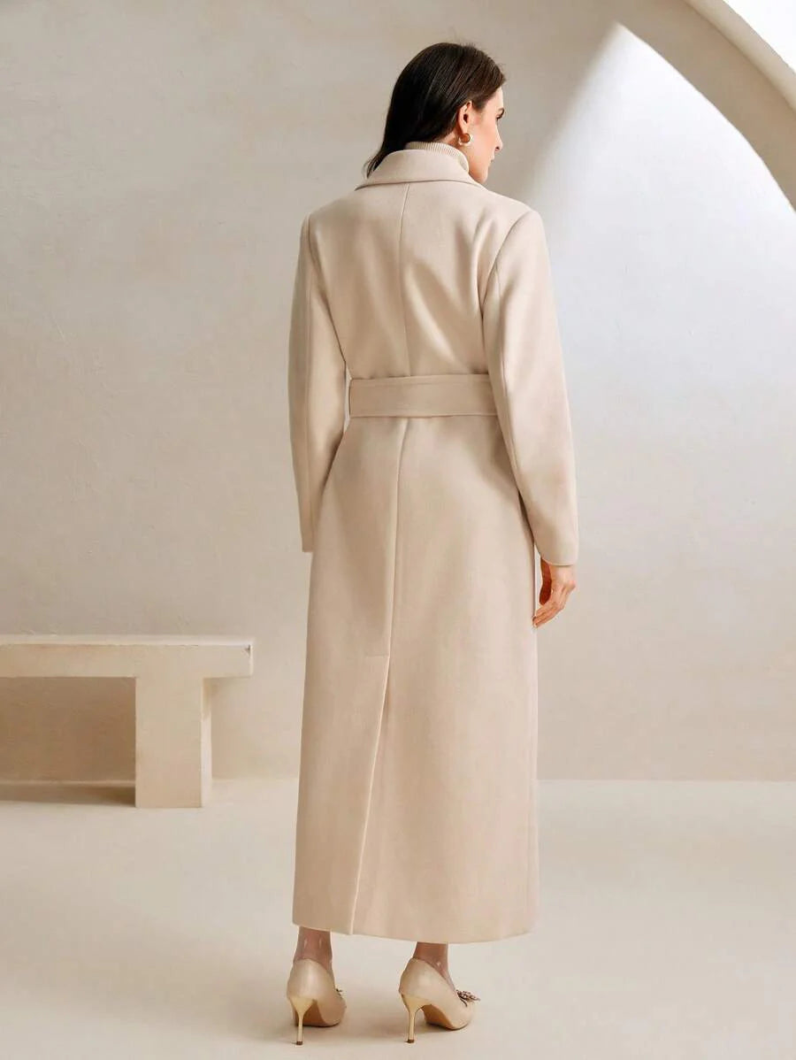 Anewsta Women's Khaki Long Belted Overcoat With Lapel Collar