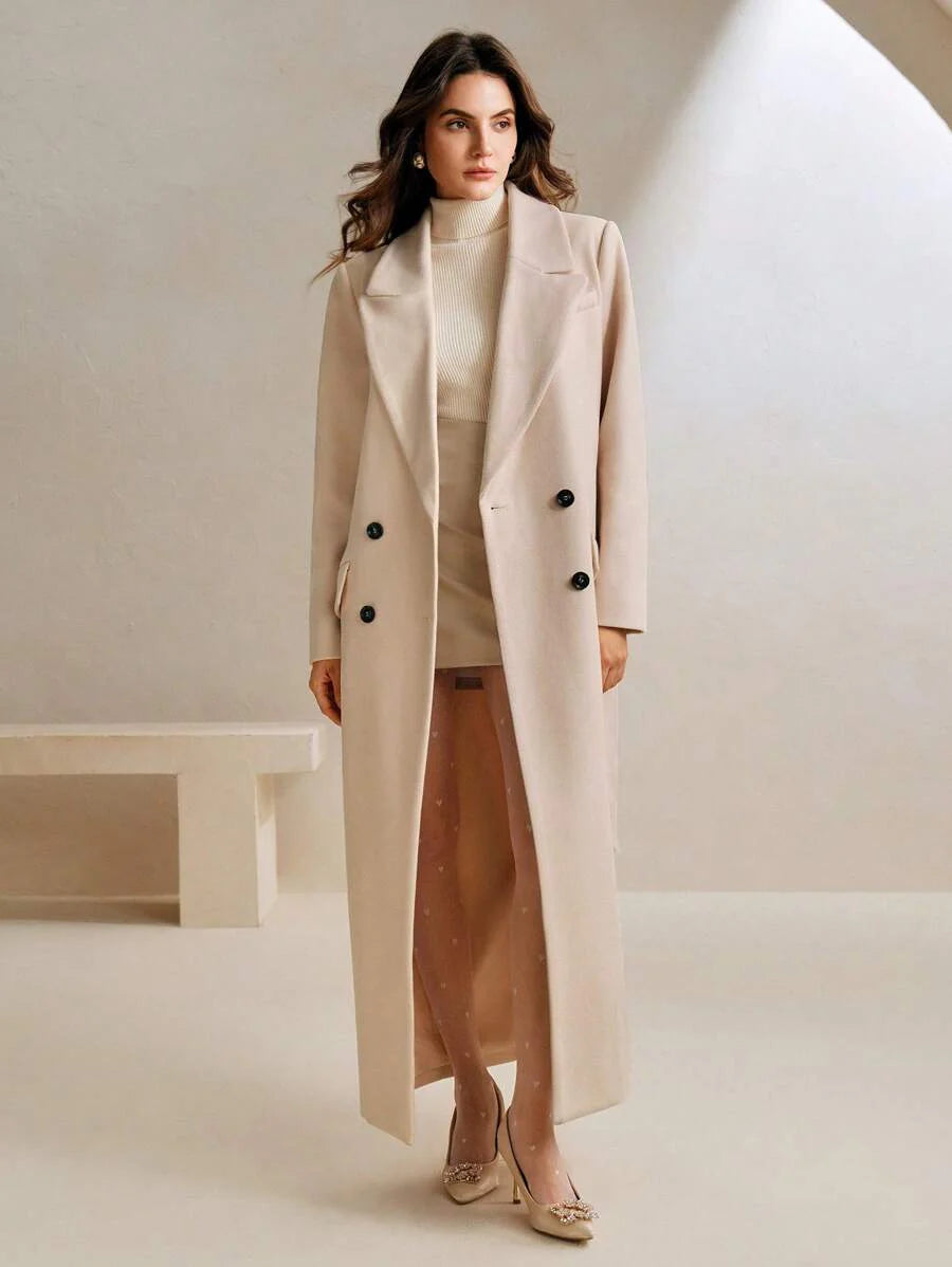 Anewsta Women's Khaki Long Belted Overcoat With Lapel Collar
