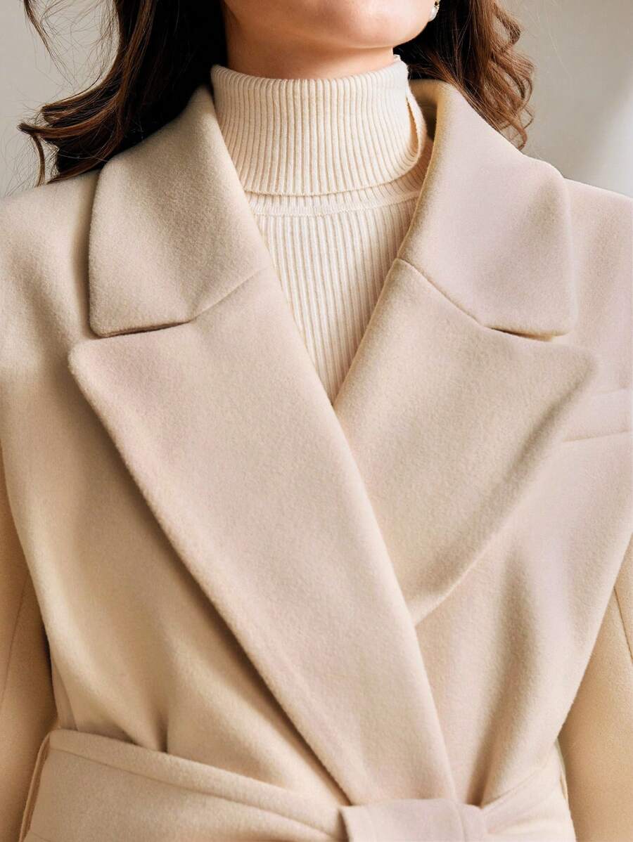 Anewsta Women's Khaki Long Belted Overcoat With Lapel Collar