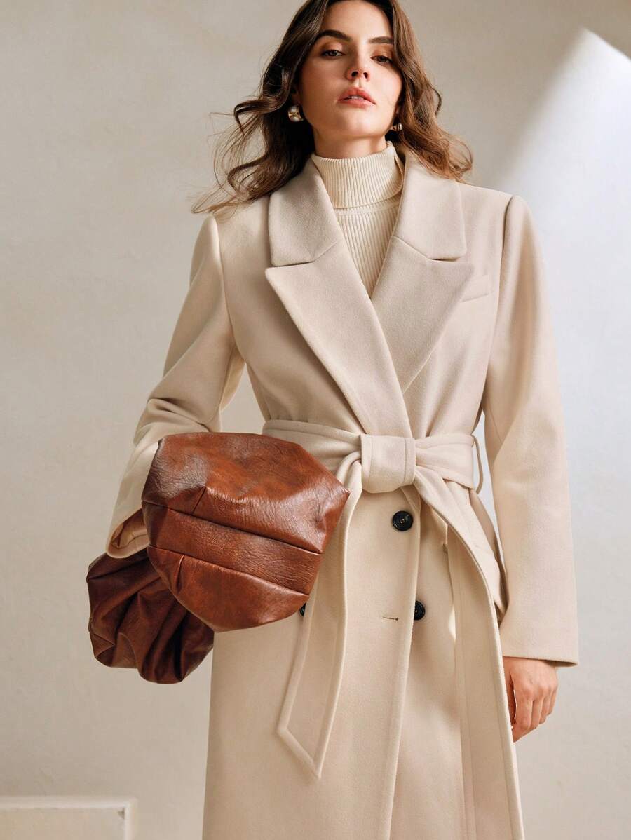 Anewsta Women's Khaki Long Belted Overcoat With Lapel Collar