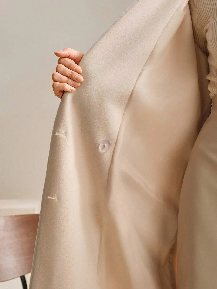Anewsta Women's Khaki Long Belted Overcoat With Lapel Collar