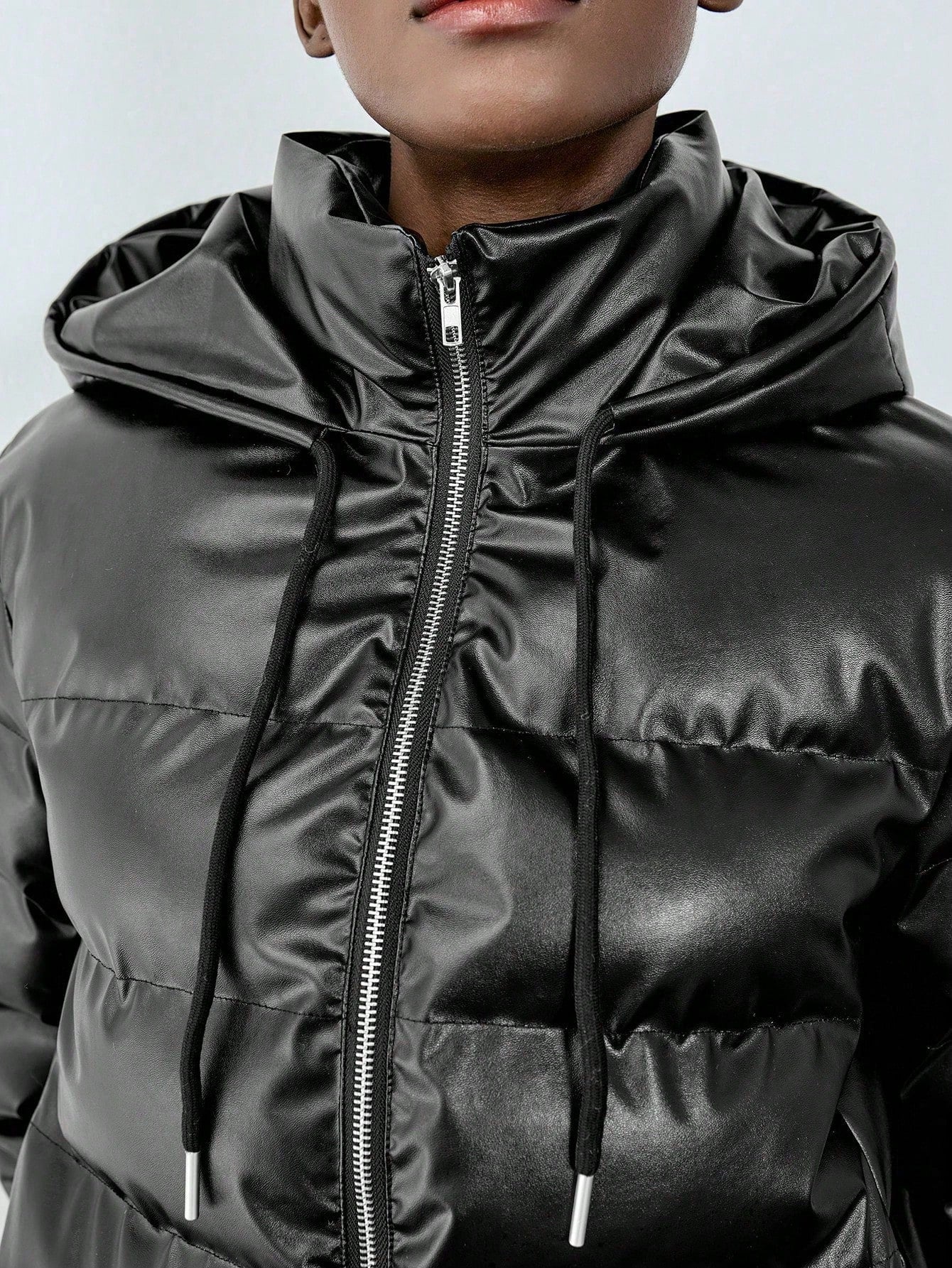Chiquease Minimalist Casual Hooded Drawstring Design PU Material Women Padded Padded Coat Clothes Winter