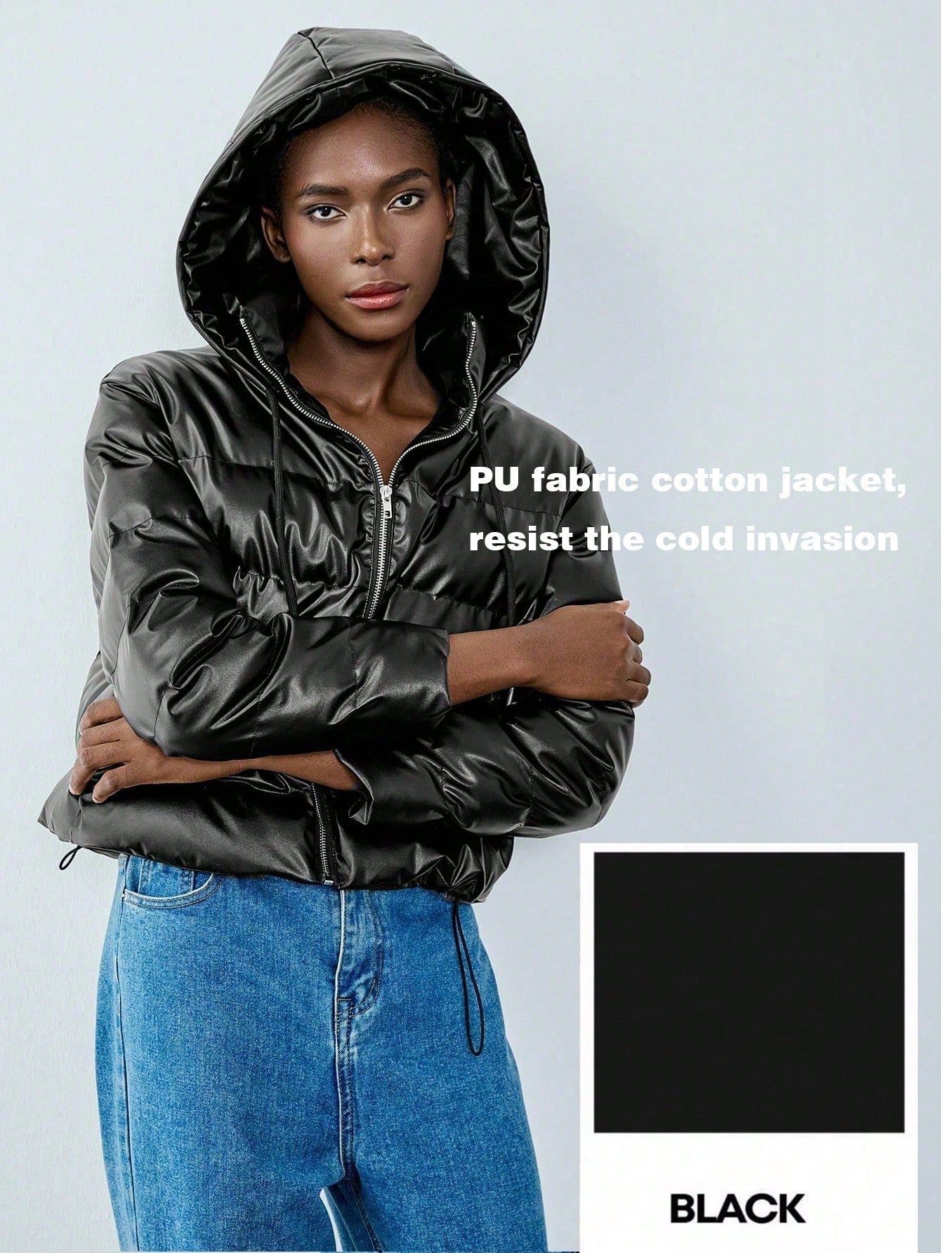 Chiquease Minimalist Casual Hooded Drawstring Design PU Material Women Padded Padded Coat Clothes Winter