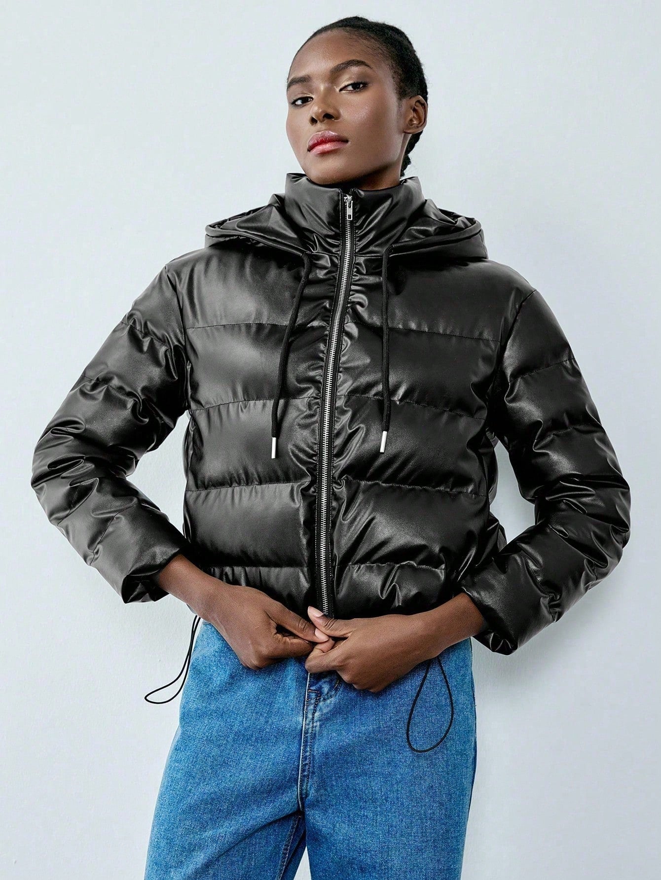 Chiquease Minimalist Casual Hooded Drawstring Design PU Material Women Padded Padded Coat Clothes Winter