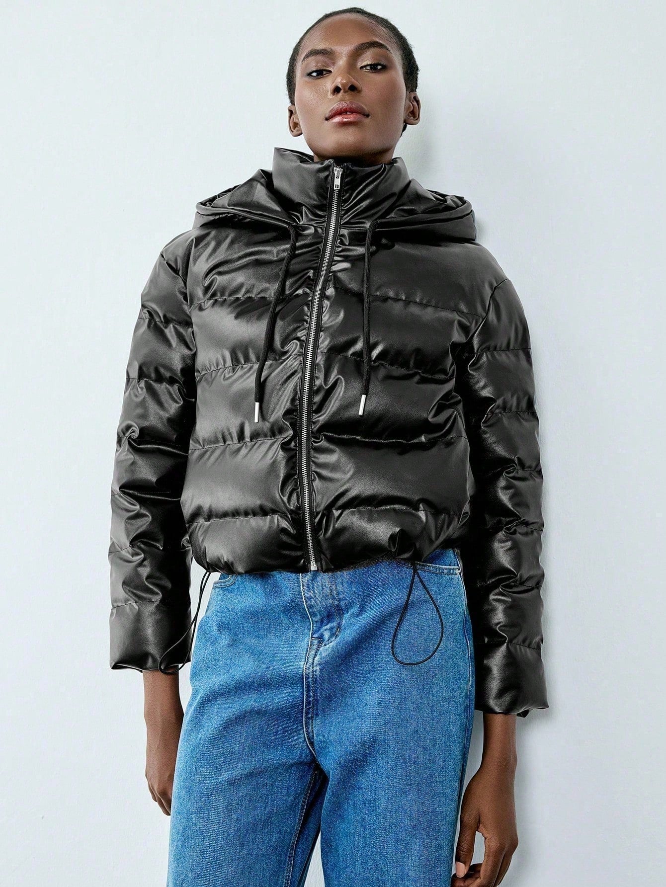Chiquease Minimalist Casual Hooded Drawstring Design PU Material Women Padded Padded Coat Clothes Winter