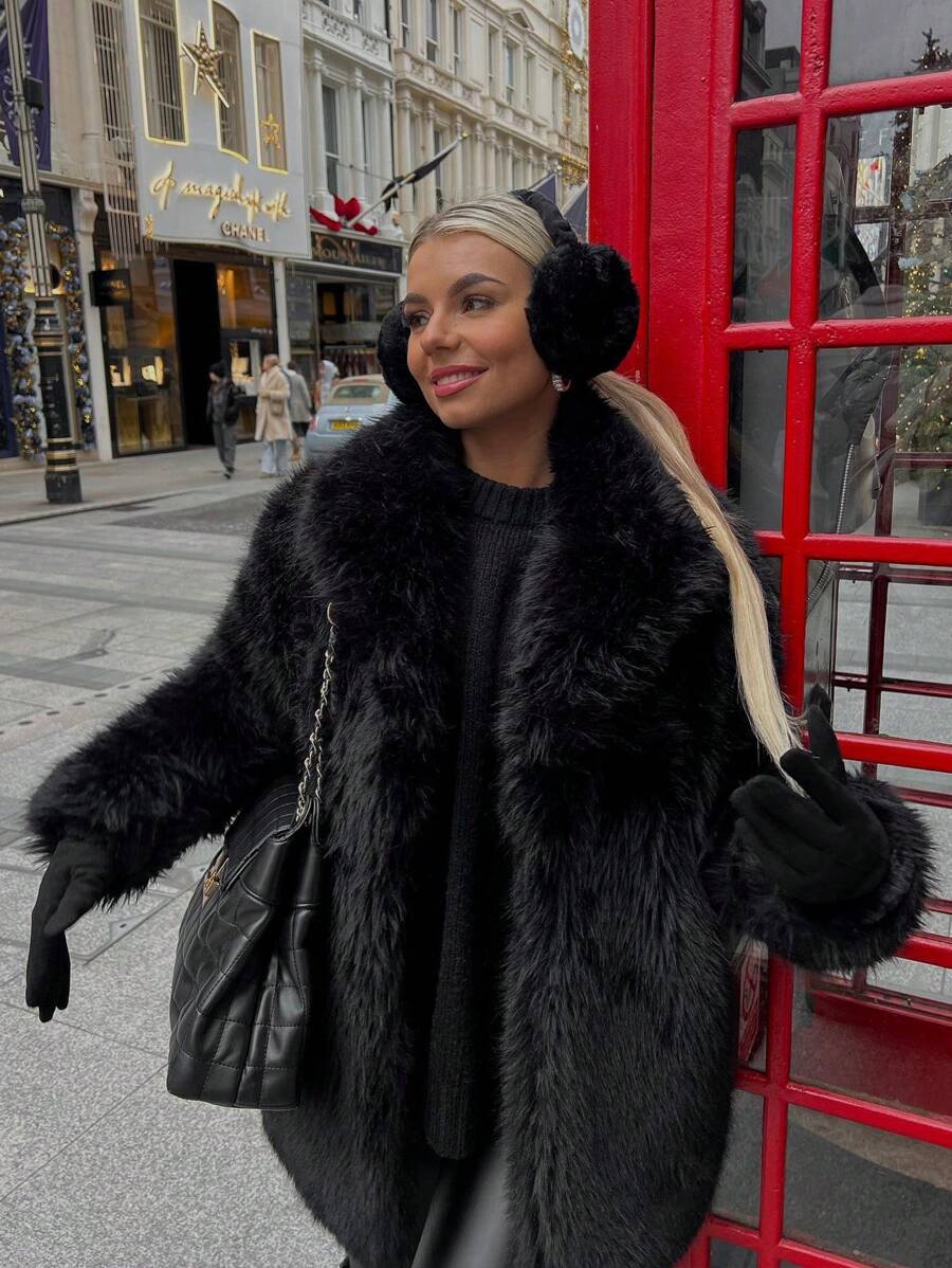HH Faux Fur Jacket For Women Elegant Solid Lapel Long Sleeve Coat Casual Loose Female Winter Oversize Lady Chic Streetwear Jakcets