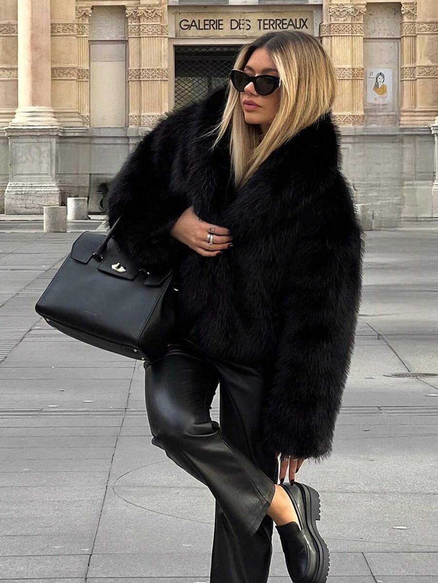 HH Faux Fur Jacket For Women Elegant Solid Lapel Long Sleeve Coat Casual Loose Female Winter Oversize Lady Chic Streetwear Jakcets