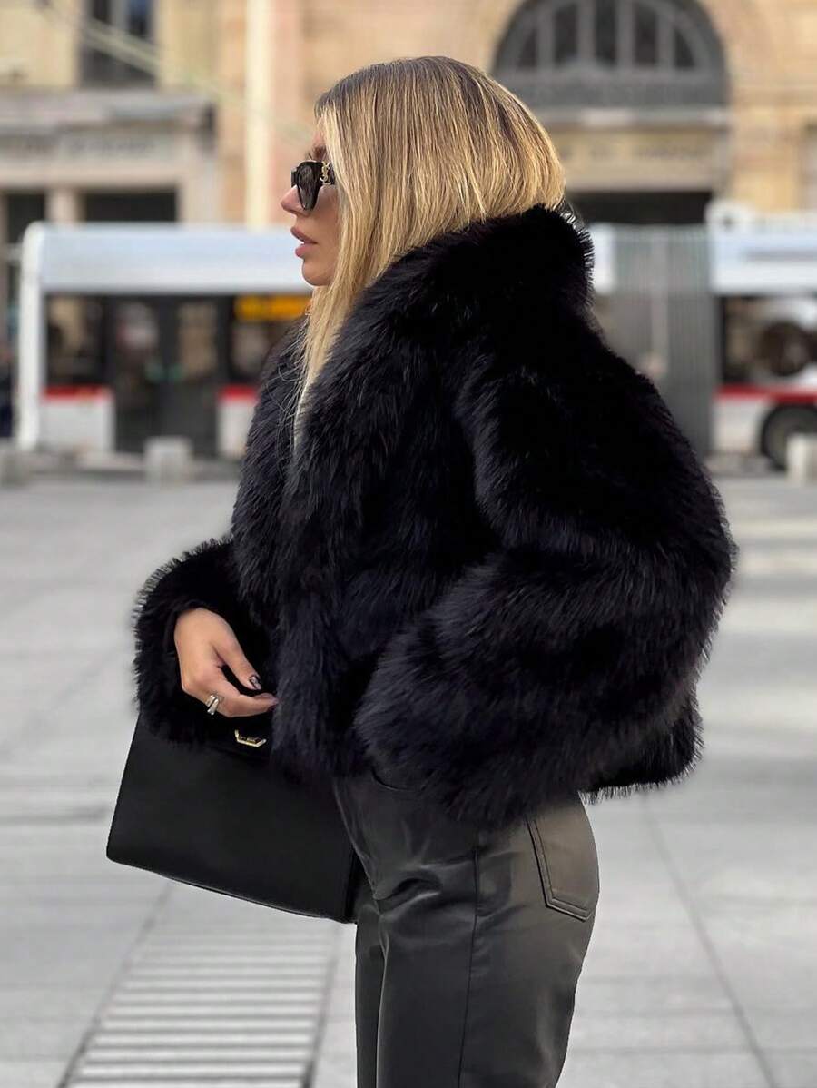 HH Faux Fur Jacket For Women Elegant Solid Lapel Long Sleeve Coat Casual Loose Female Winter Oversize Lady Chic Streetwear Jakcets
