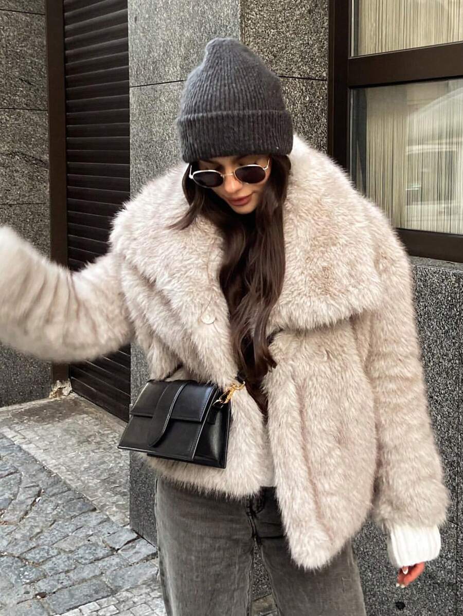 HH Faux Fur Jacket For Women Elegant Solid Lapel Long Sleeve Coat Casual Loose Female Winter Oversize Lady Chic Streetwear Jakcets