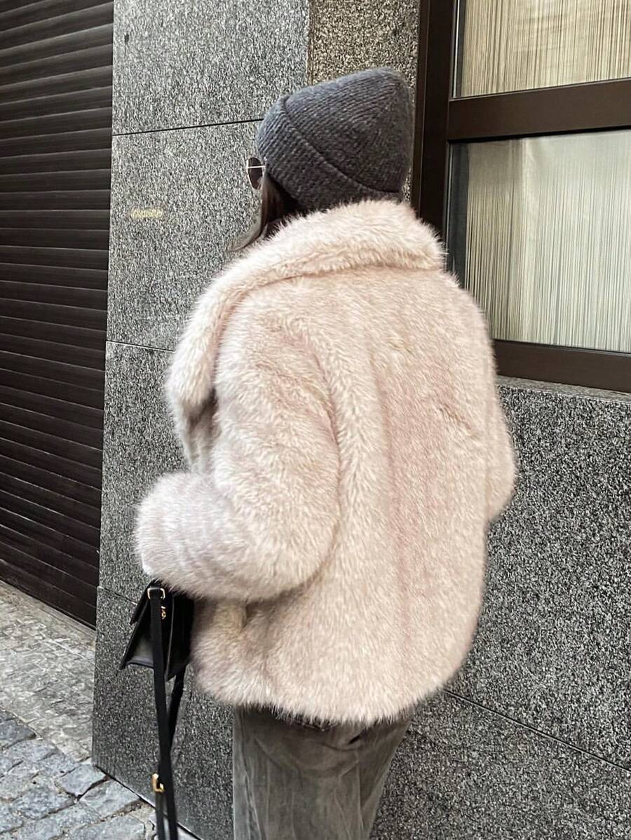 HH Faux Fur Jacket For Women Elegant Solid Lapel Long Sleeve Coat Casual Loose Female Winter Oversize Lady Chic Streetwear Jakcets
