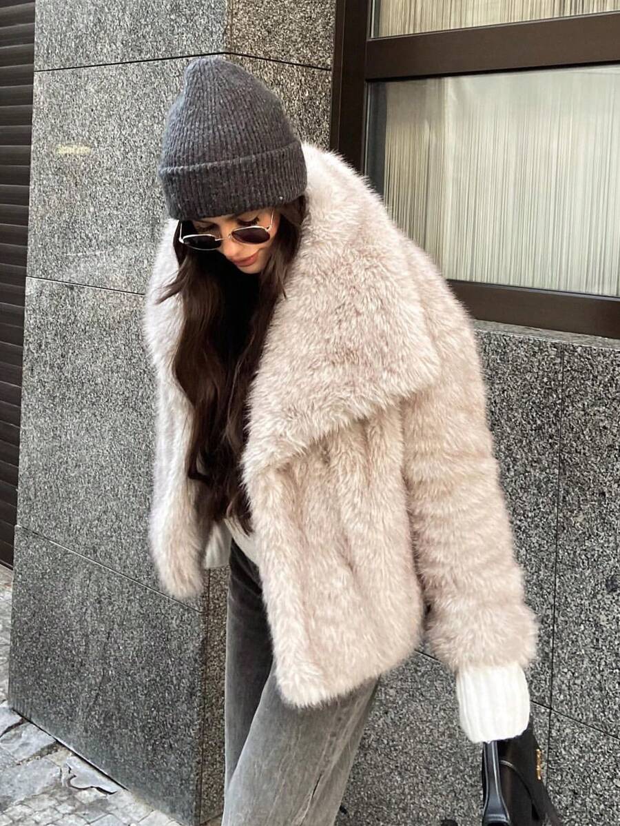 HH Faux Fur Jacket For Women Elegant Solid Lapel Long Sleeve Coat Casual Loose Female Winter Oversize Lady Chic Streetwear Jakcets
