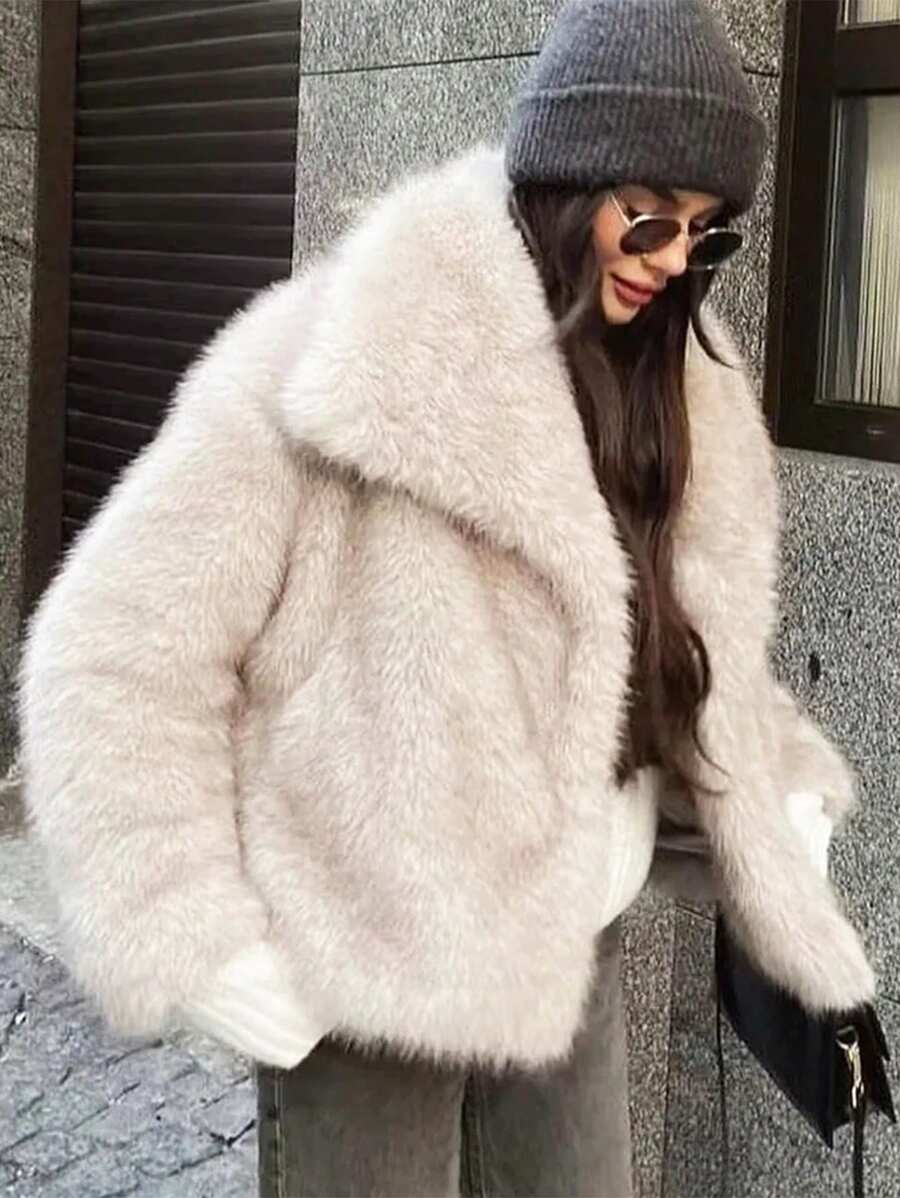 HH Faux Fur Jacket For Women Elegant Solid Lapel Long Sleeve Coat Casual Loose Female Winter Oversize Lady Chic Streetwear Jakcets