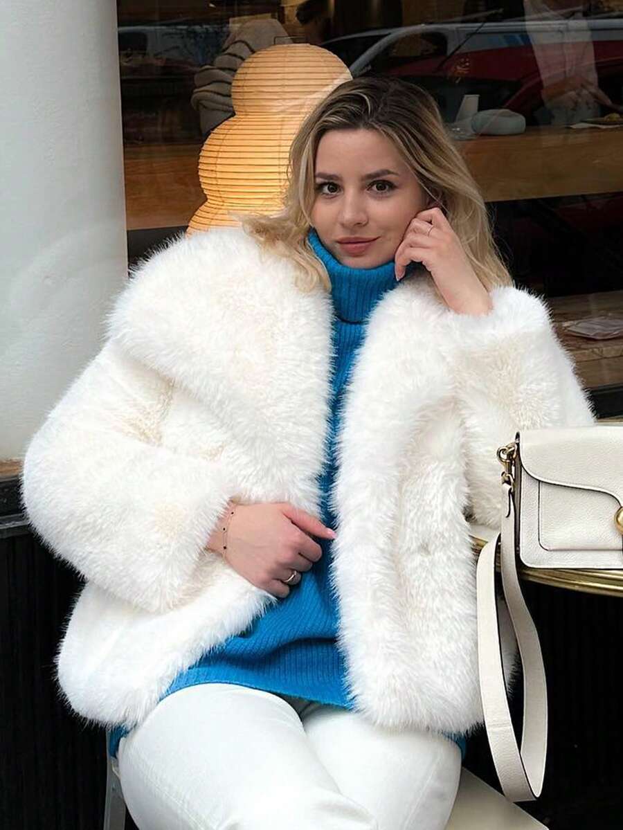 HH Faux Fur Jacket For Women Elegant Solid Lapel Long Sleeve Coat Casual Loose Female Winter Oversize Lady Chic Streetwear Jakcets
