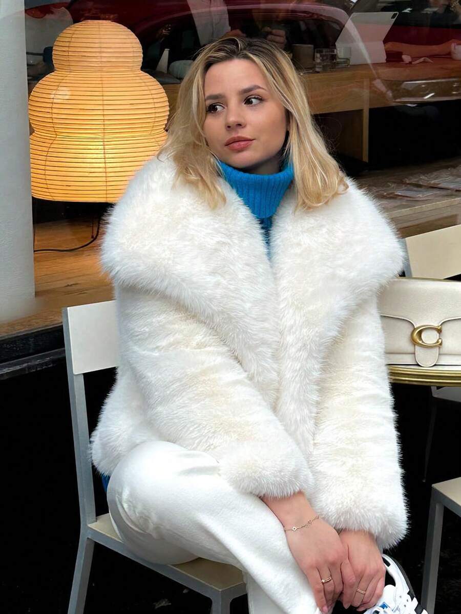 HH Faux Fur Jacket For Women Elegant Solid Lapel Long Sleeve Coat Casual Loose Female Winter Oversize Lady Chic Streetwear Jakcets