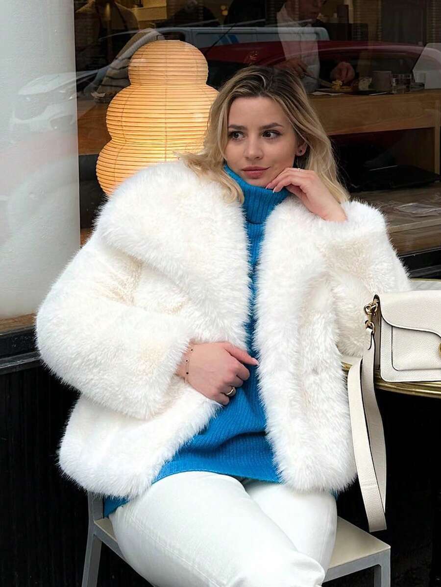 HH Faux Fur Jacket For Women Elegant Solid Lapel Long Sleeve Coat Casual Loose Female Winter Oversize Lady Chic Streetwear Jakcets