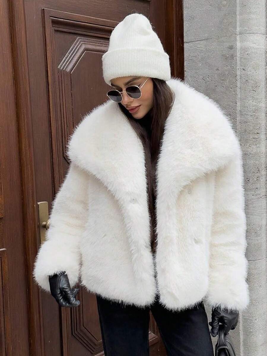 HH Faux Fur Jacket For Women Elegant Solid Lapel Long Sleeve Coat Casual Loose Female Winter Oversize Lady Chic Streetwear Jakcets