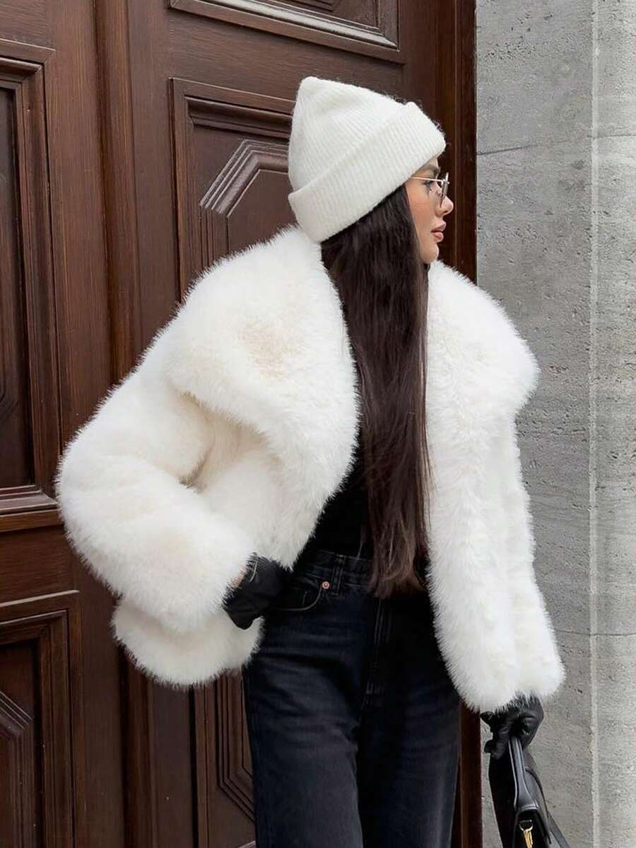 HH Faux Fur Jacket For Women Elegant Solid Lapel Long Sleeve Coat Casual Loose Female Winter Oversize Lady Chic Streetwear Jakcets