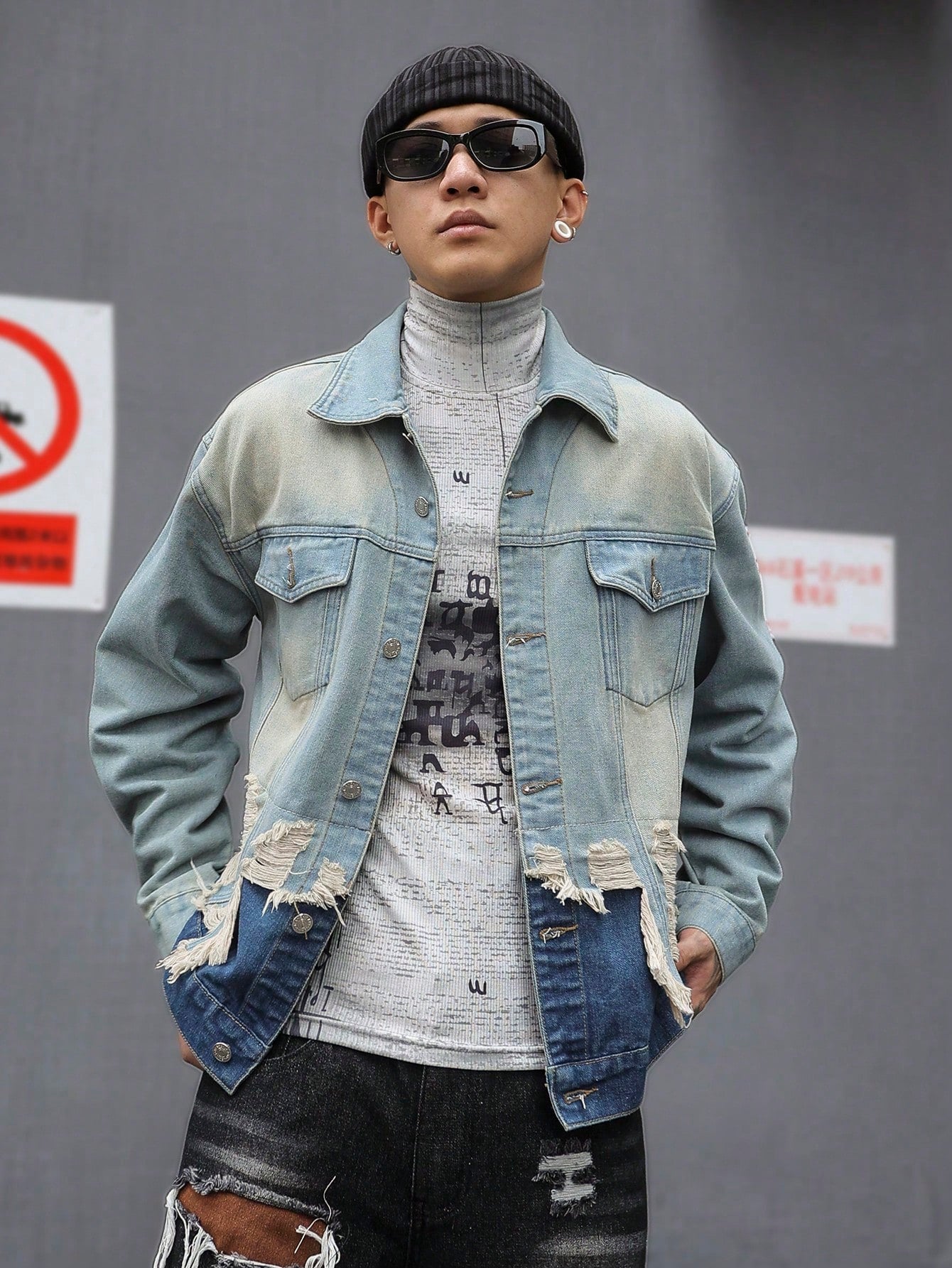 Manfinity EMRG Men Front Button Long Sleeve Pocket Simple Casual Denim Jacket, Fall
