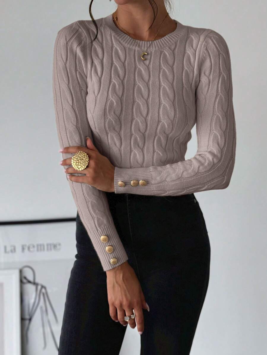 Firerie Women's Elegant Casual College Style Versatile White Crew Neck Cable Knit Button Decor Fitted Sweater