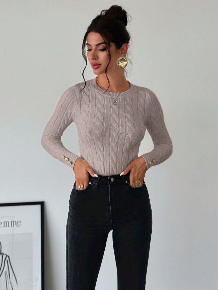 Firerie Women's Elegant Casual College Style Versatile White Crew Neck Cable Knit Button Decor Fitted Sweater