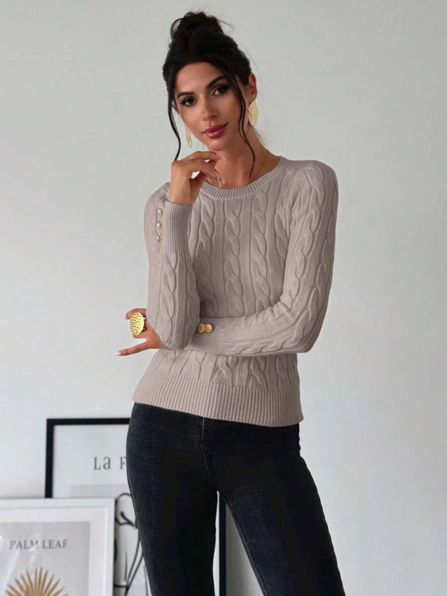 Firerie Women's Elegant Casual College Style Versatile White Crew Neck Cable Knit Button Decor Fitted Sweater