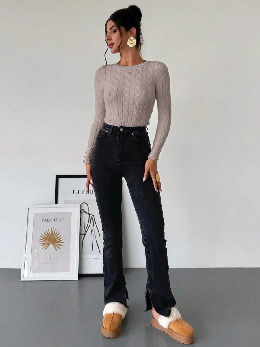 Firerie Women's Elegant Casual College Style Versatile White Crew Neck Cable Knit Button Decor Fitted Sweater
