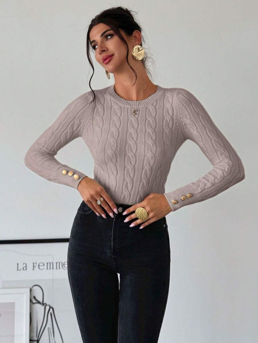 Firerie Women's Elegant Casual College Style Versatile White Crew Neck Cable Knit Button Decor Fitted Sweater
