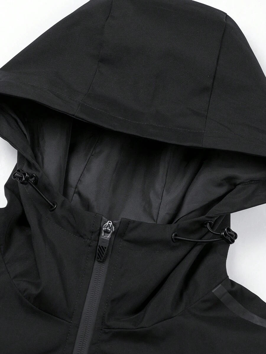 Men's Drawstring Hooded Waterproof Casual Versatile Zip Pocket Windbreaker Jacket, Suitable For Daily Wear