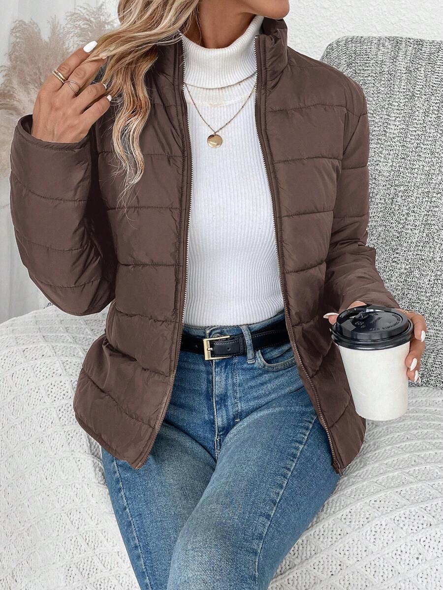 LUNE Women Solid Color Long Sleeve Zipper Stand Collar Casual Winter Jacket Fall Cloth For Women