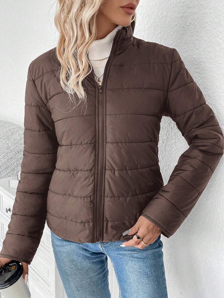 LUNE Women Solid Color Long Sleeve Zipper Stand Collar Casual Winter Jacket Fall Cloth For Women