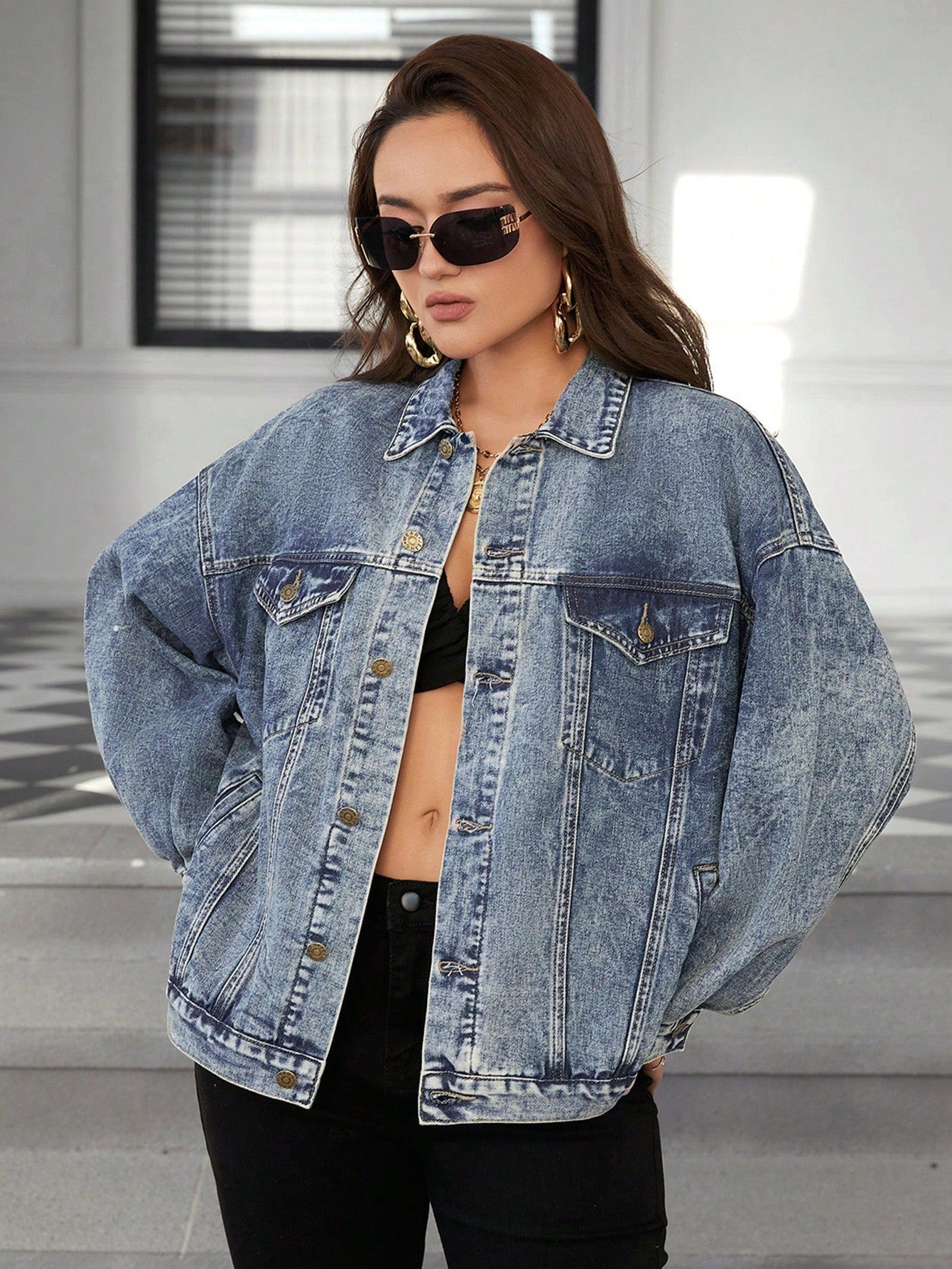 SHEIN Essence Fashionable Loose-Fit American Style Women Denim Jacket