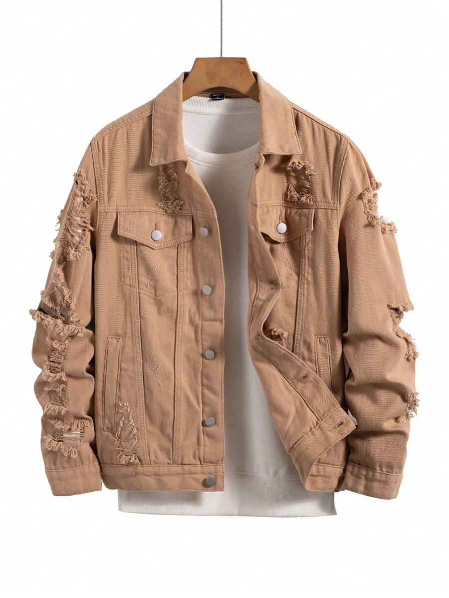 Manfinity Homme Men's Casual Distressed Denim Single Breasted Jacket, Autumn