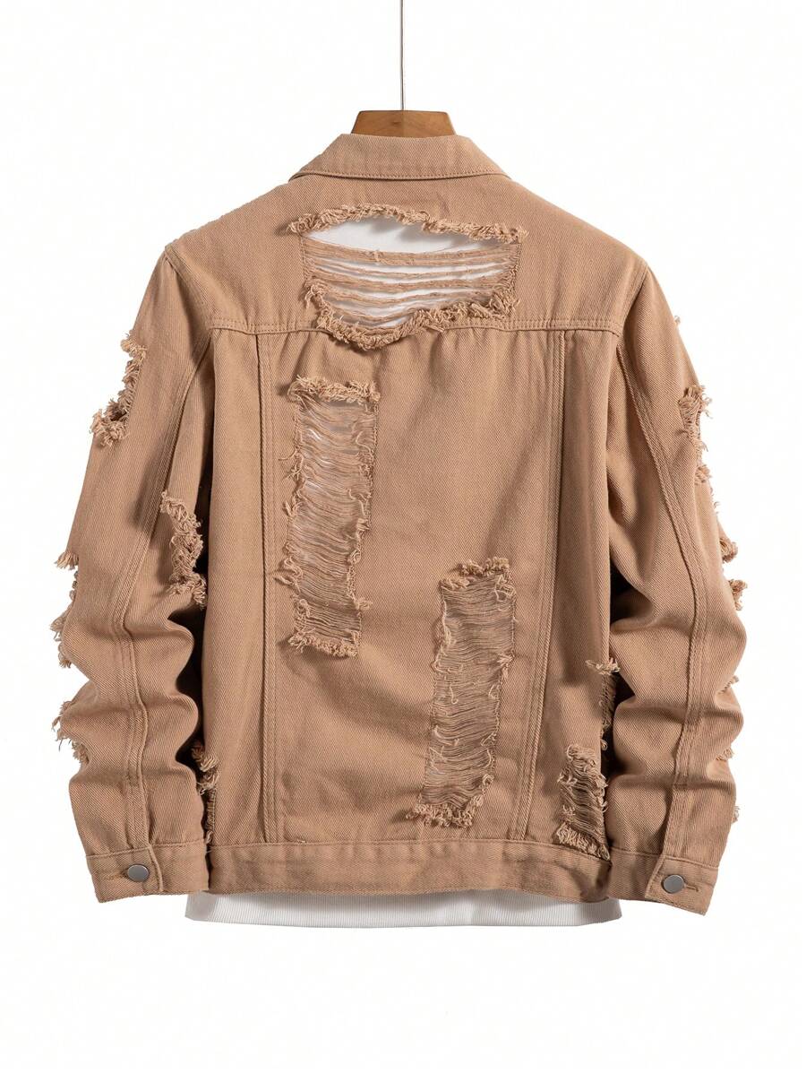Manfinity Homme Men's Casual Distressed Denim Single Breasted Jacket, Autumn