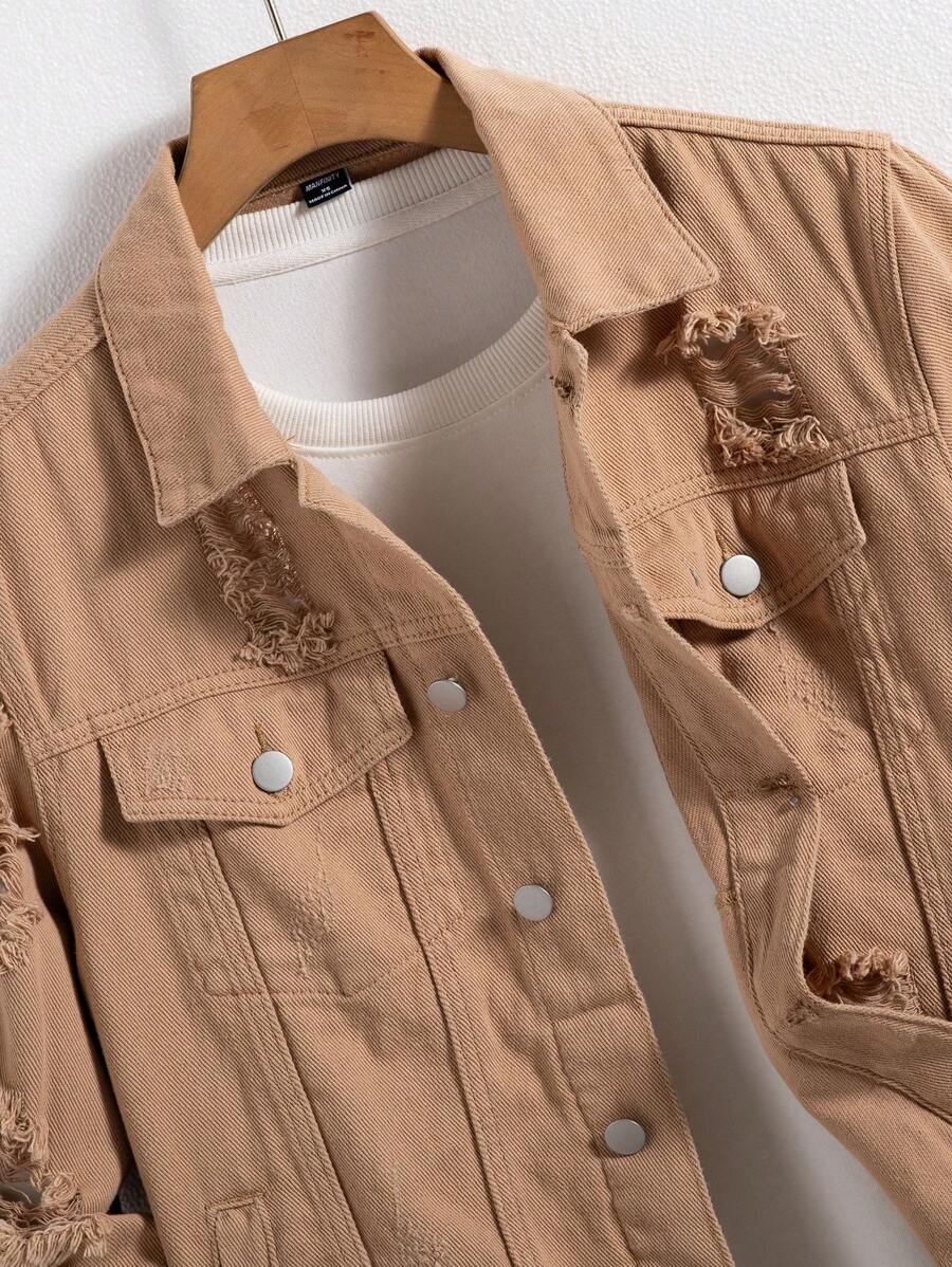 Manfinity Homme Men's Casual Distressed Denim Single Breasted Jacket, Autumn