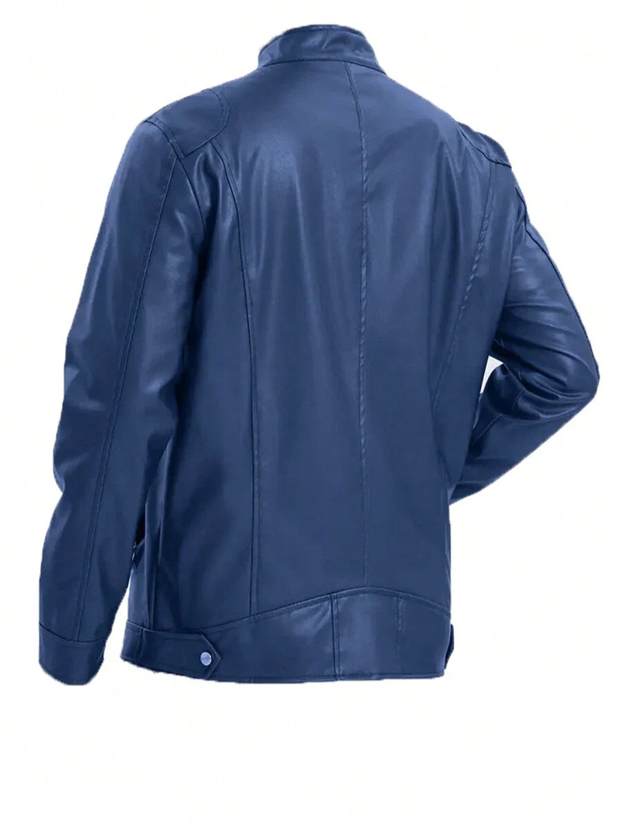 Men's Stand Collar Fitted Faux Leather Rave Jacket With Zipper Pockets, Motorcycle Style, For Fall Winter