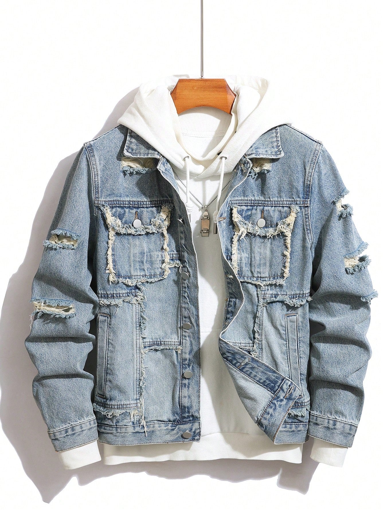 Manfinity Homme Men's Autumn Ripped Single-Breasted Utility Pocket Casual Denim Jacket