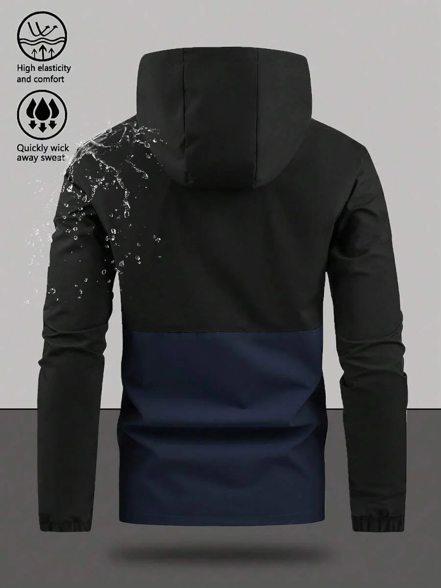 Men's Drawstring Hooded Waterproof Casual Versatile Zip Pocket Windbreaker Jacket, Suitable For Daily Wear