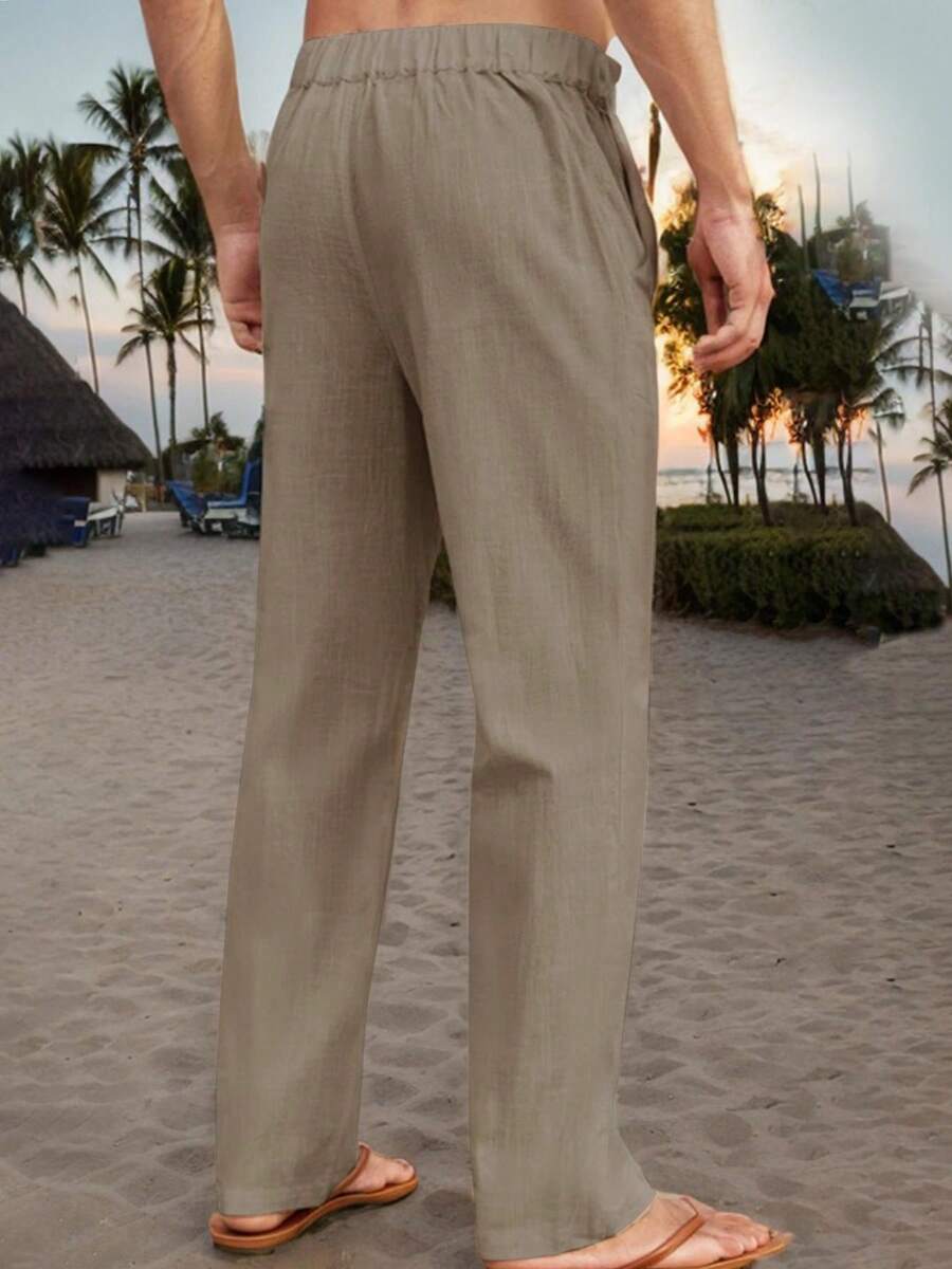 Hoteel Men's Casual Linen Pants Loose Fit Elastic Drawstring Waist Straight-Legs Summer Yoga Beach Long Pants