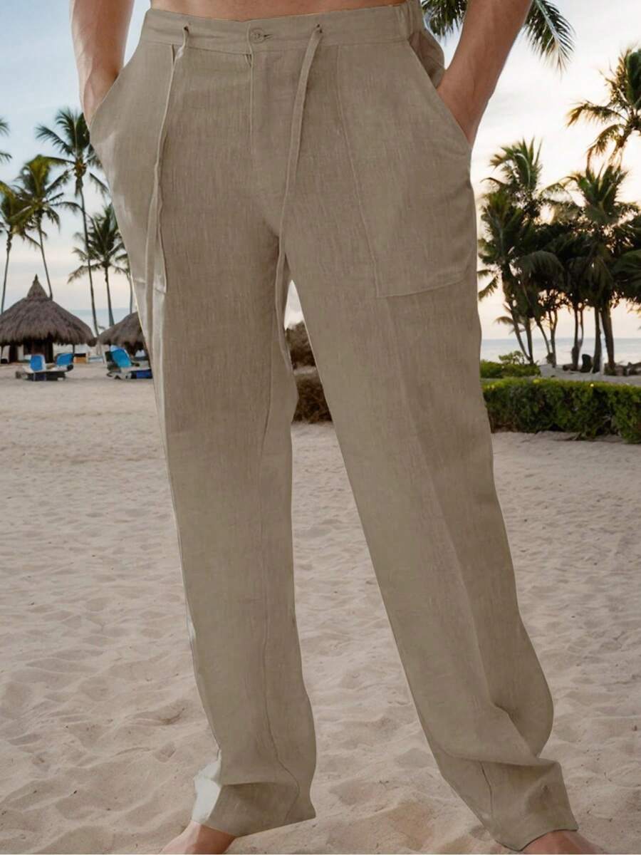 Hoteel Men's Casual Linen Pants Loose Fit Elastic Drawstring Waist Straight-Legs Summer Yoga Beach Long Pants