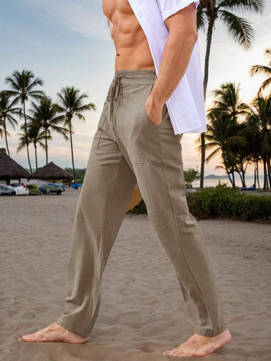 Hoteel Men's Casual Linen Pants Loose Fit Elastic Drawstring Waist Straight-Legs Summer Yoga Beach Long Pants