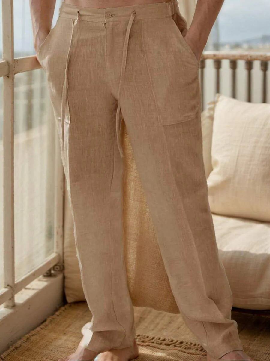 Hoteel Men's Casual Linen Pants Loose Fit Elastic Drawstring Waist Straight-Legs Summer Yoga Beach Long Pants