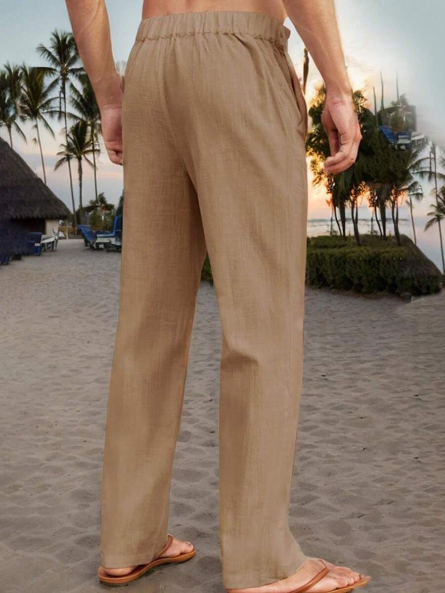 Hoteel Men's Casual Linen Pants Loose Fit Elastic Drawstring Waist Straight-Legs Summer Yoga Beach Long Pants