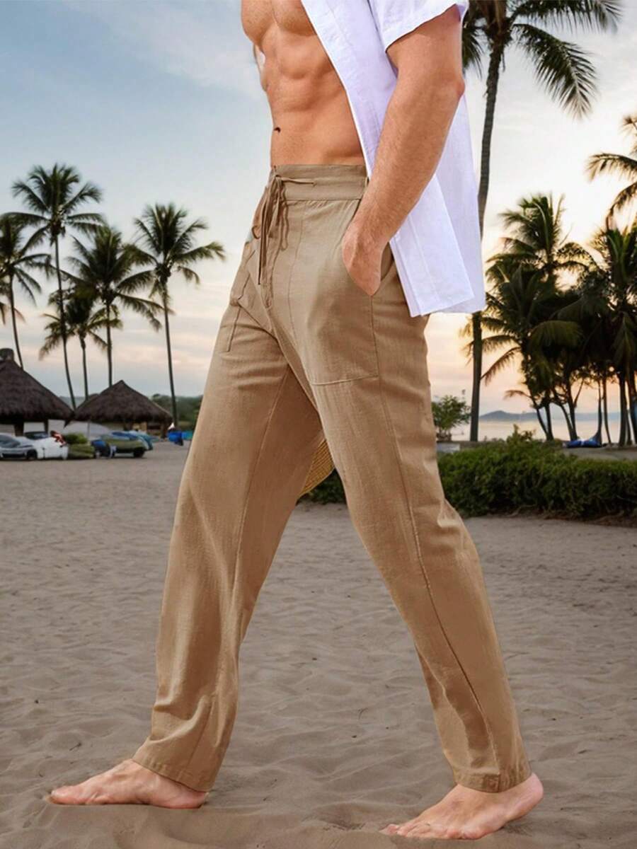 Hoteel Men's Casual Linen Pants Loose Fit Elastic Drawstring Waist Straight-Legs Summer Yoga Beach Long Pants
