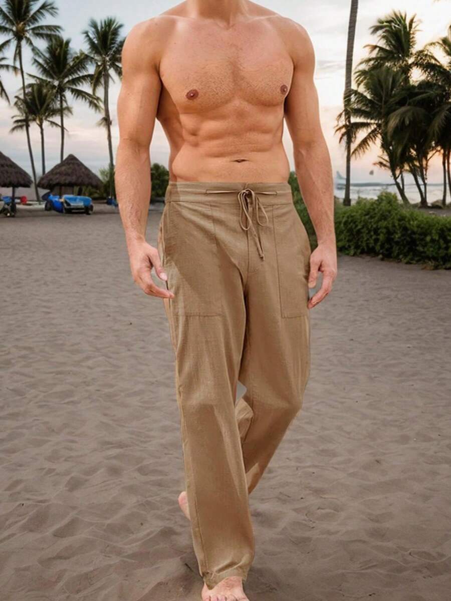 Hoteel Men's Casual Linen Pants Loose Fit Elastic Drawstring Waist Straight-Legs Summer Yoga Beach Long Pants