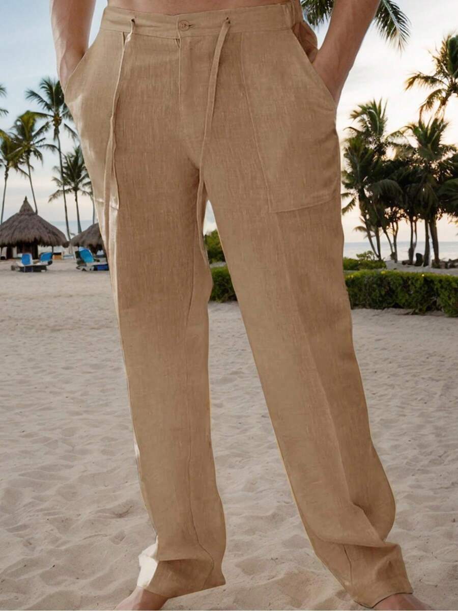 Hoteel Men's Casual Linen Pants Loose Fit Elastic Drawstring Waist Straight-Legs Summer Yoga Beach Long Pants