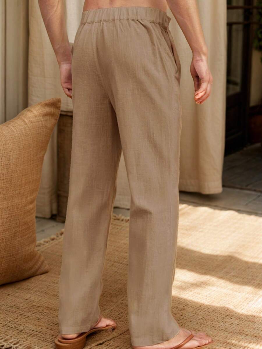 Hoteel Men's Casual Linen Pants Loose Fit Elastic Drawstring Waist Straight-Legs Summer Yoga Beach Long Pants