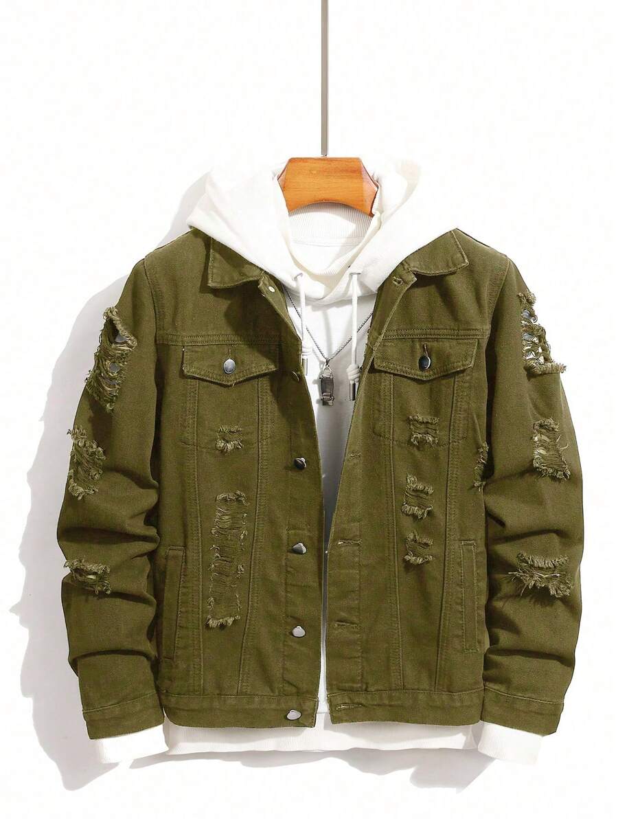 Manfinity Homme Men's Ripped Denim Jacket, Black Jacket for Rapper Going Out Hang Out Commute Work Street, Fall
