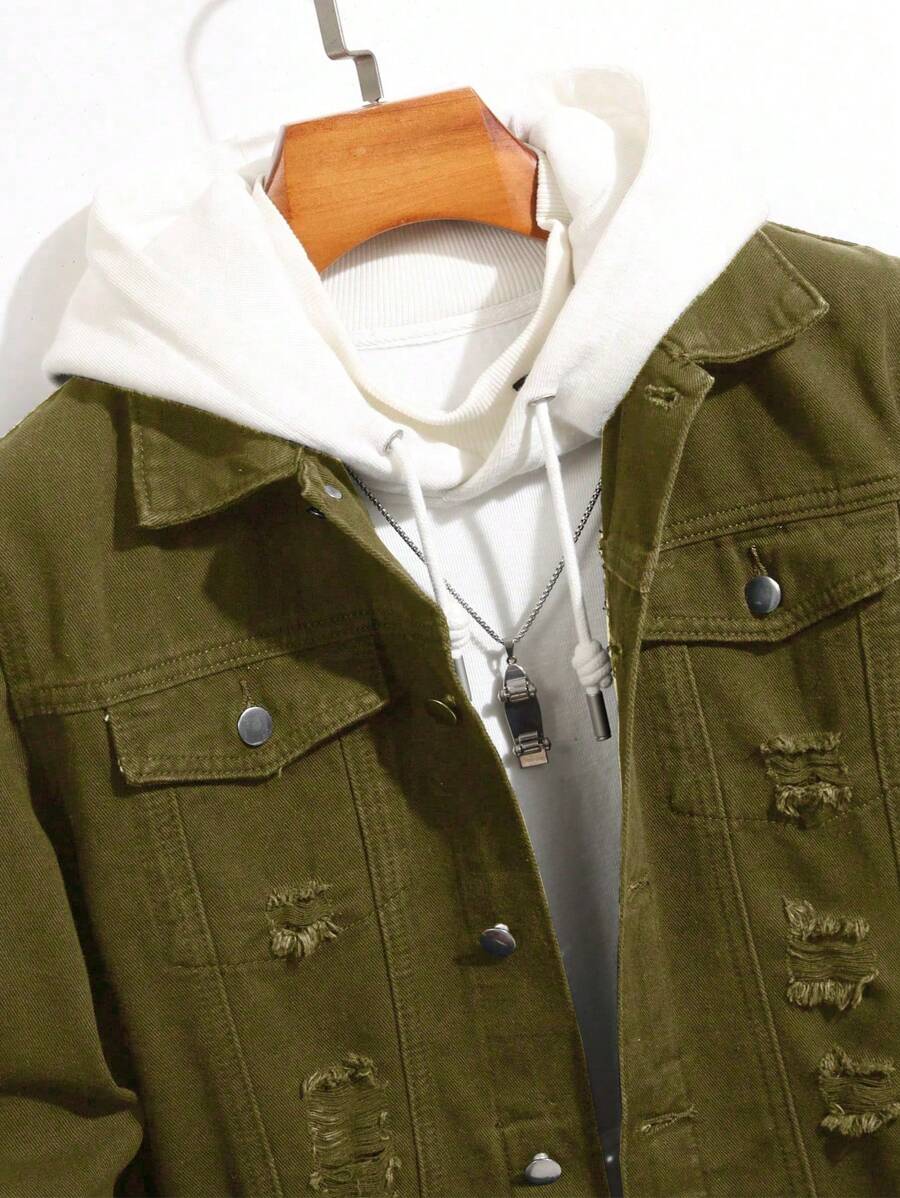 Manfinity Homme Men's Ripped Denim Jacket, Black Jacket for Rapper Going Out Hang Out Commute Work Street, Fall